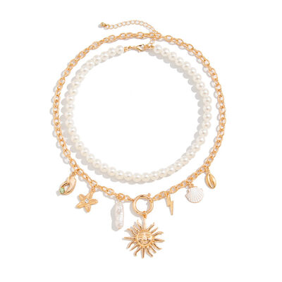 Boho Two Packs Lighting Pendant Pearl Chain Necklace in Round Shape with Rose Gold Plating