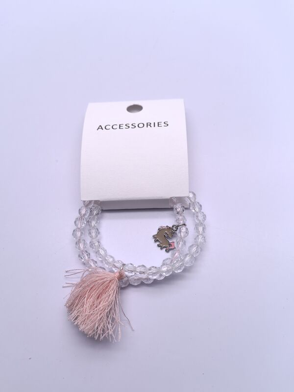 Unisex Transparent Bead Necklace for Kids Various Shapes and Pink Fringe